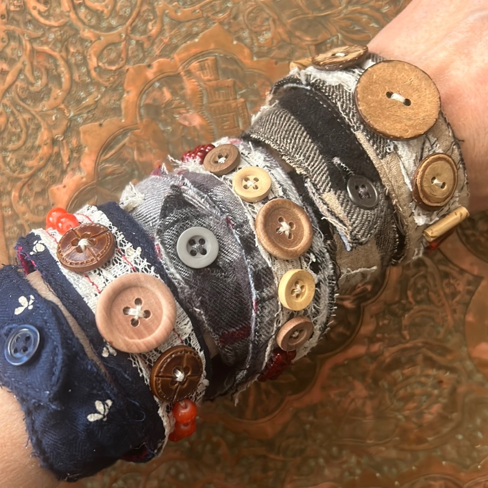 Handmade upcycled lace button & bead stackable flannel fabric wrap bracelets